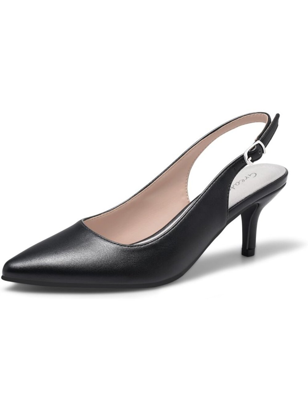 Women's Black Pu Leather Kitten Heels Pointed Toe Slingback Dress Pumps Shoes